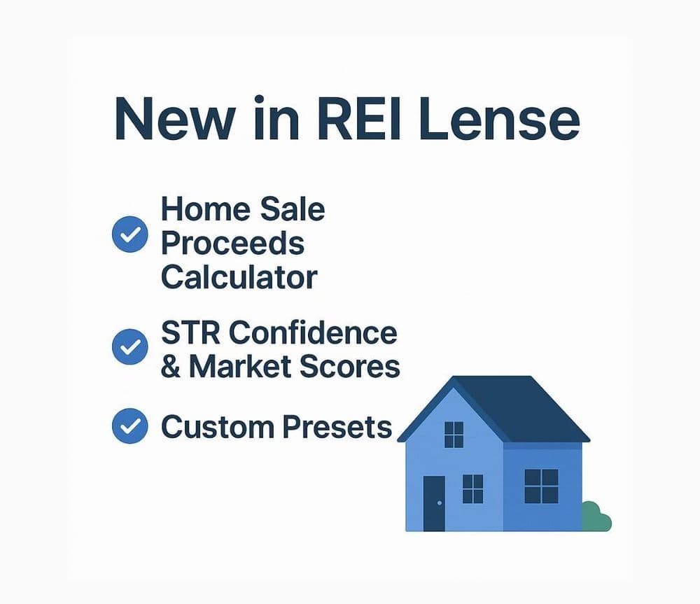 New in REI Lense: Proceeds Calculator, STR Rent Confidence Score, Market Score, and Custom Presets